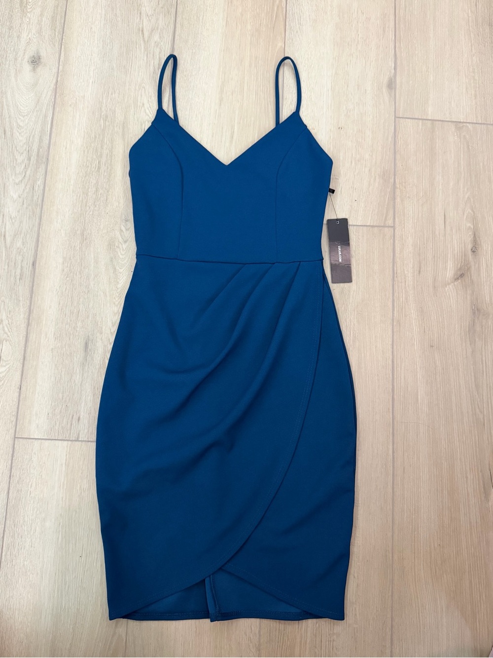 Lulu's Teal Blue V-Neck Spaghetti Strap Wrap Sheath Dress